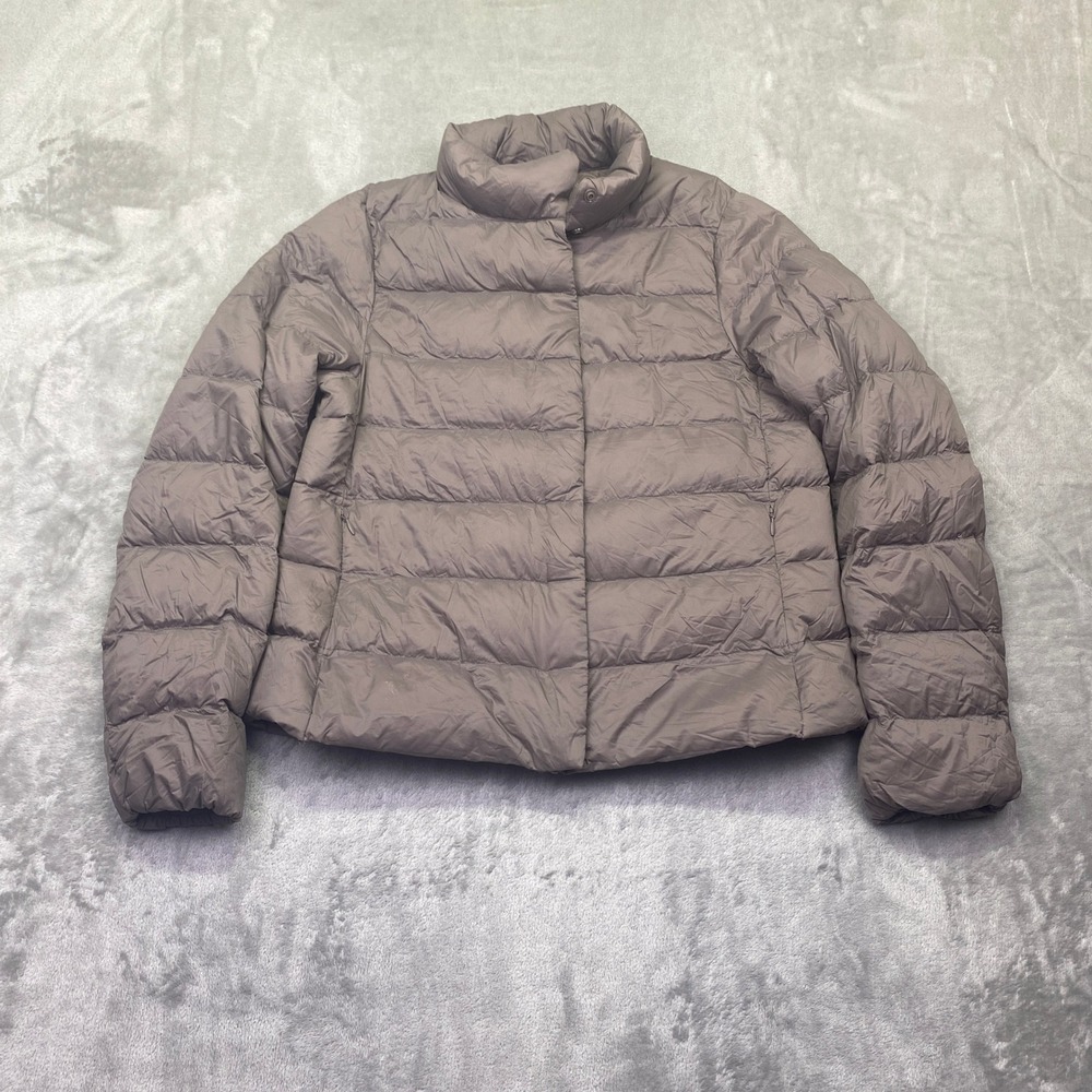 Uniqlo Ultra Light Down Puffer‎ Jacket Womens XS Taupe Gray Water Repel Boho